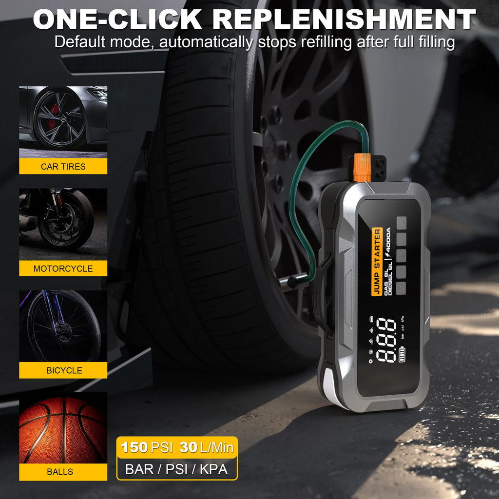 4000A Car Jump Starter with 24000mAh Battery Digital Screen Charger Compressor Air Pump Tire Inflator Emergency Kit for Trucks