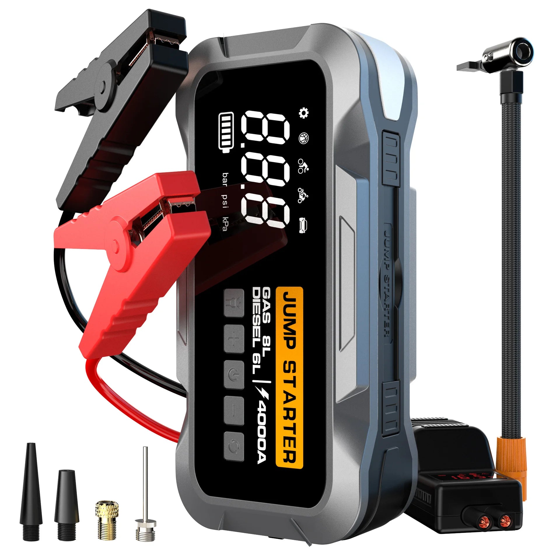 4000A Car Jump Starter with 24000mAh Battery Digital Screen Charger Compressor Air Pump Tire Inflator Emergency Kit for Trucks
