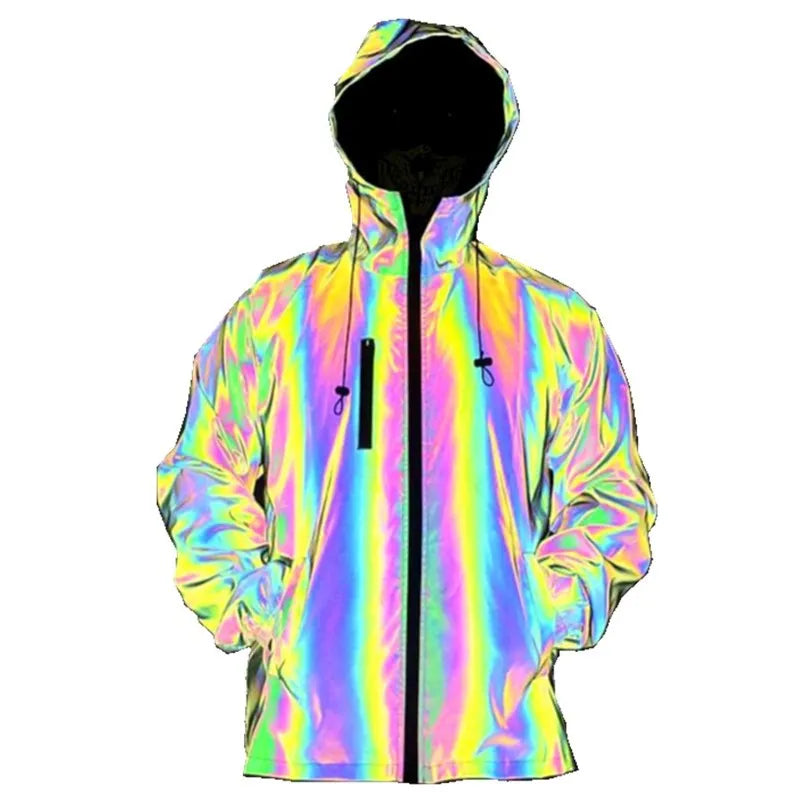 Autumn Winter Large Size European American Men's Reflective Safety Jacket New Colorful Laser Hooded Clothing for Cross-Border