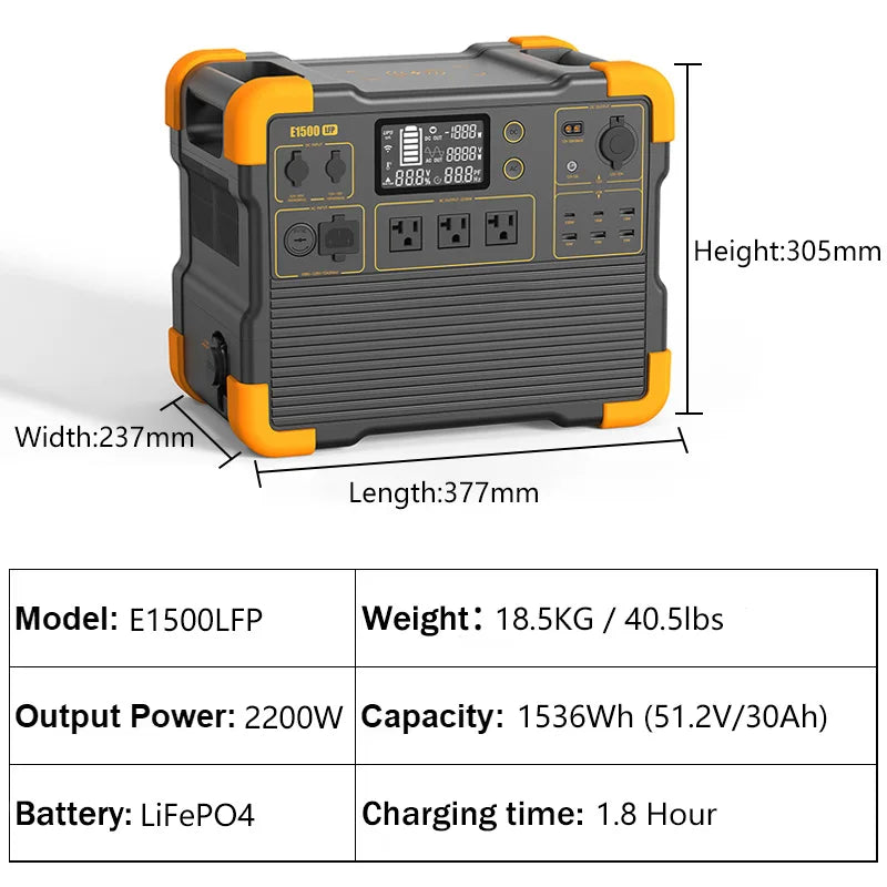 1536Wh 2200W LiFePO4 Battery Portable Power Station MPPT Control Solar Generator Power Bank Emergency for Camping