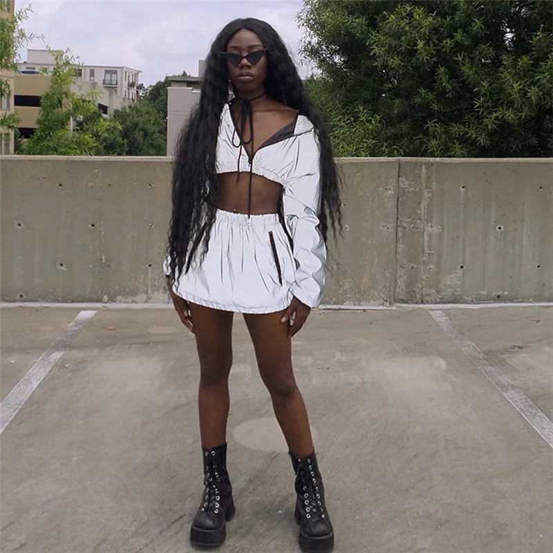 Women Clothes Set Crop Girls Streetwear Hip Hop Reflective Top Hooded Jacket Skirt Fashionable Casual Hooded Zippers Coats