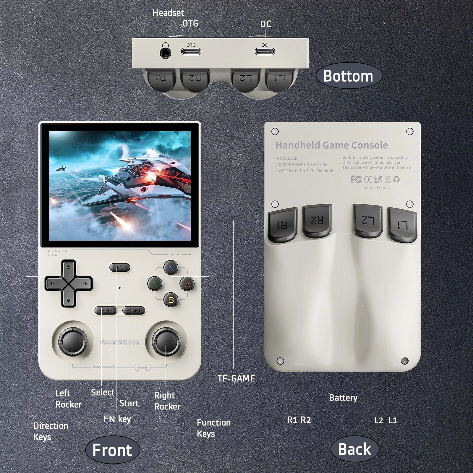 Open Source K36 Retro Handheld Video Game Console Built-in 15000+ Games Emulator for PS1/PSP/DC/N64/SS 500nit 3.5inch IPS Screen