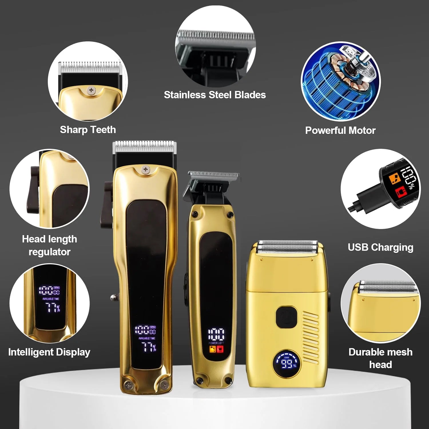 Super Luxury Men's Professional Hair Clippers Set 3-Piece Cordless Electric Shaver LED Display Lights Zero-Spacing Hair Trimmer