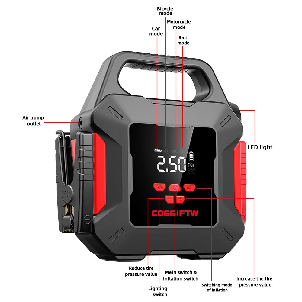 Car Jump Starter with Air Compressor 1800A 39800mAh Car Battery Jumper Starter Portable Jump Box Fast Charger with Jumper Cables