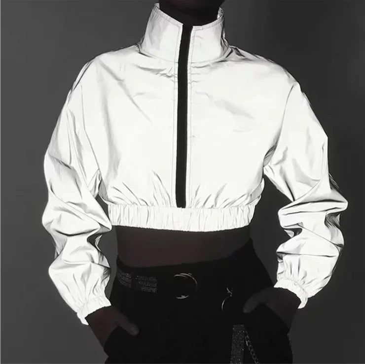 Women Clothes Set Crop Girls Streetwear Hip Hop Reflective Top Hooded Jacket Skirt Fashionable Casual Hooded Zippers Coats