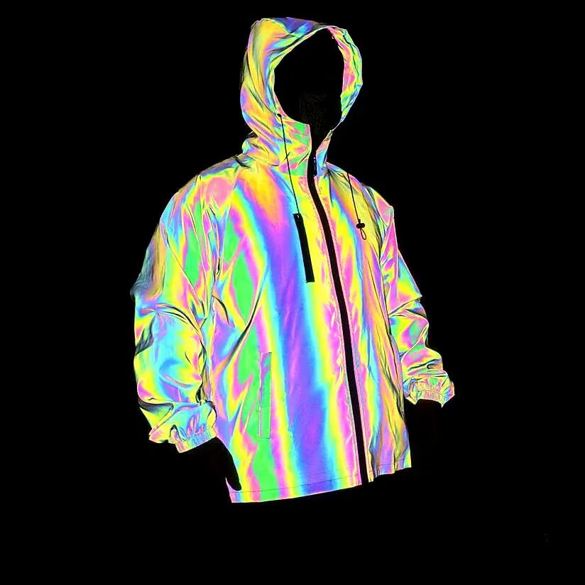 Autumn Winter Large Size European American Men's Reflective Safety Jacket New Colorful Laser Hooded Clothing for Cross-Border