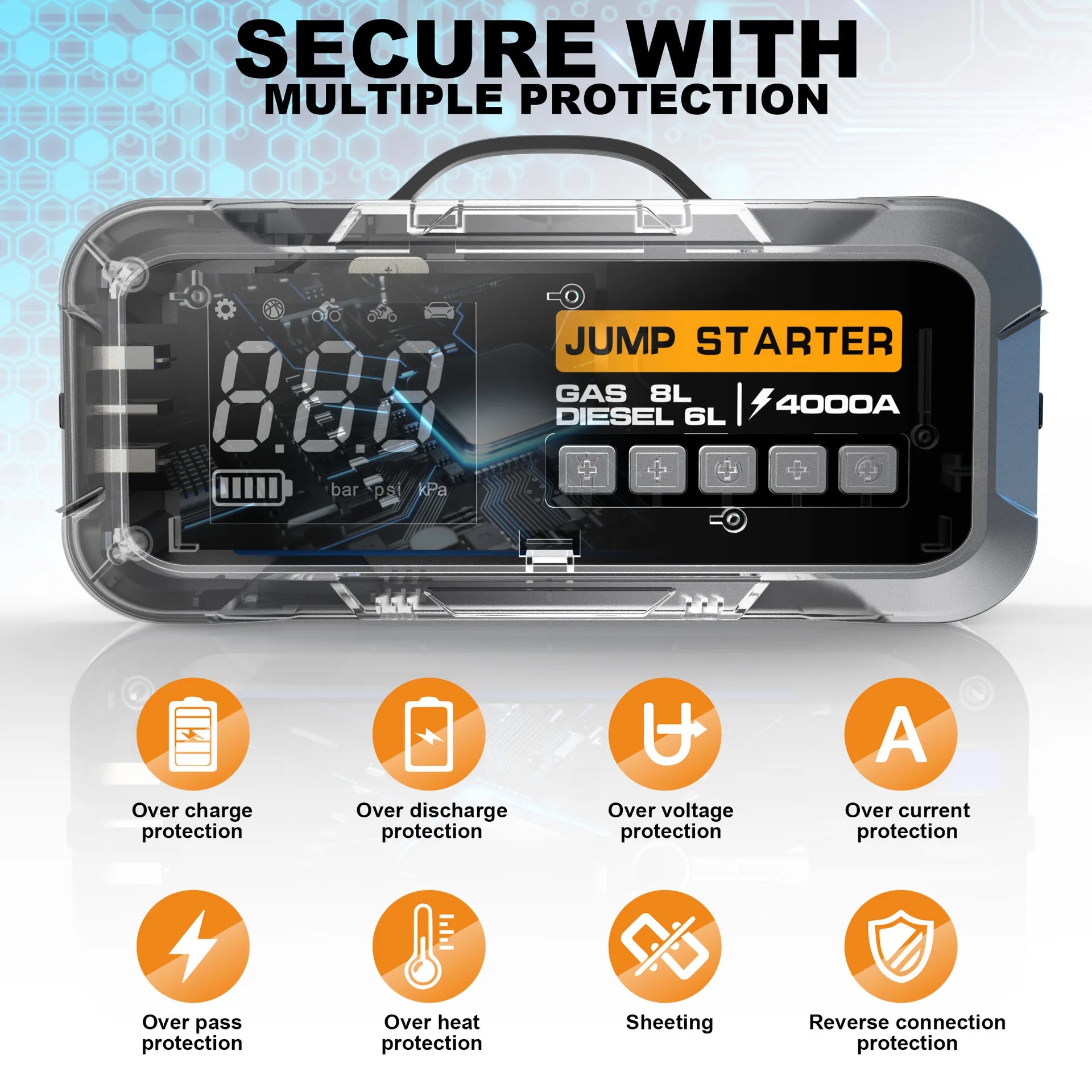 4000A Car Jump Starter with 24000mAh Battery Digital Screen Charger Compressor Air Pump Tire Inflator Emergency Kit for Trucks