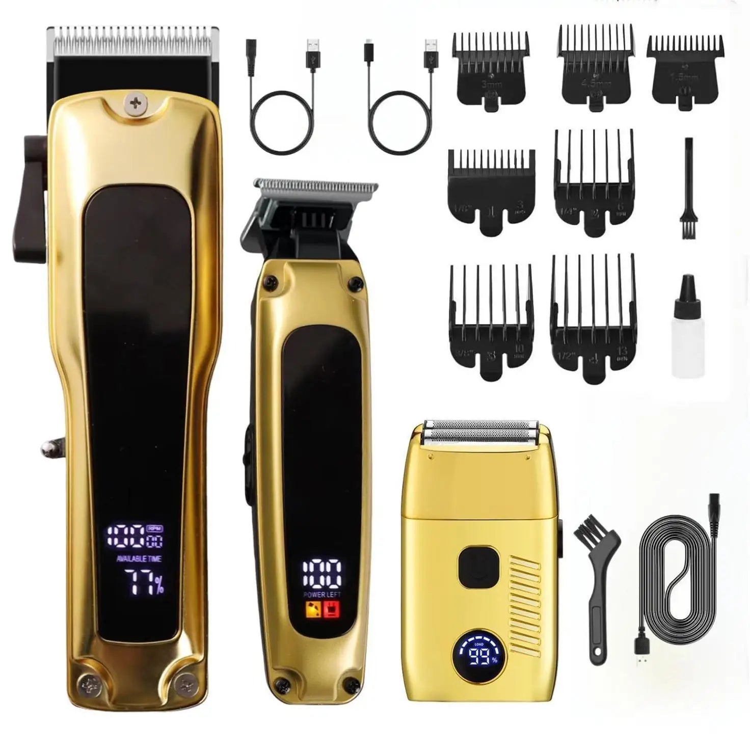 Super Luxury Men's Professional Hair Clippers Set 3-Piece Cordless Electric Shaver LED Display Lights Zero-Spacing Hair Trimmer