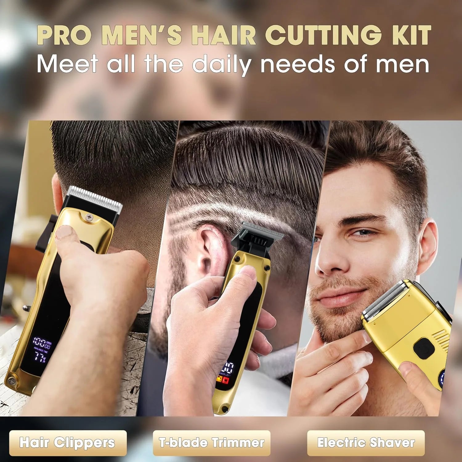 Super Luxury Men's Professional Hair Clippers Set 3-Piece Cordless Electric Shaver LED Display Lights Zero-Spacing Hair Trimmer