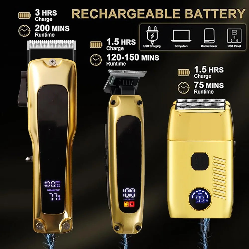 Super Luxury Men's Professional Hair Clippers Set 3-Piece Cordless Electric Shaver LED Display Lights Zero-Spacing Hair Trimmer