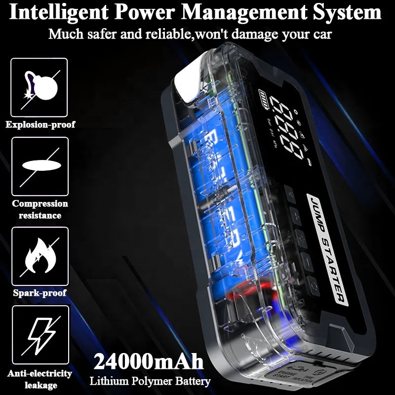 Car Jump Starter with Air Compressor Cordless Tire Inflator Portable Car Emergency Kit Jumper Fast Charging Power Bank 24000mAh