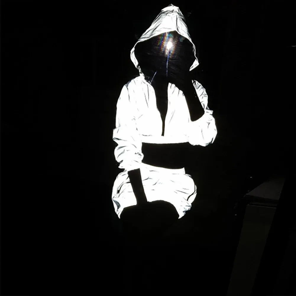 Women Clothes Set Crop Girls Streetwear Hip Hop Reflective Top Hooded Jacket Skirt Fashionable Casual Hooded Zippers Coats