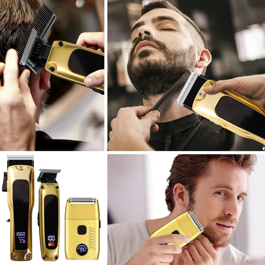 Super Luxury Men's Professional Hair Clippers Set 3-Piece Cordless Electric Shaver LED Display Lights Zero-Spacing Hair Trimmer