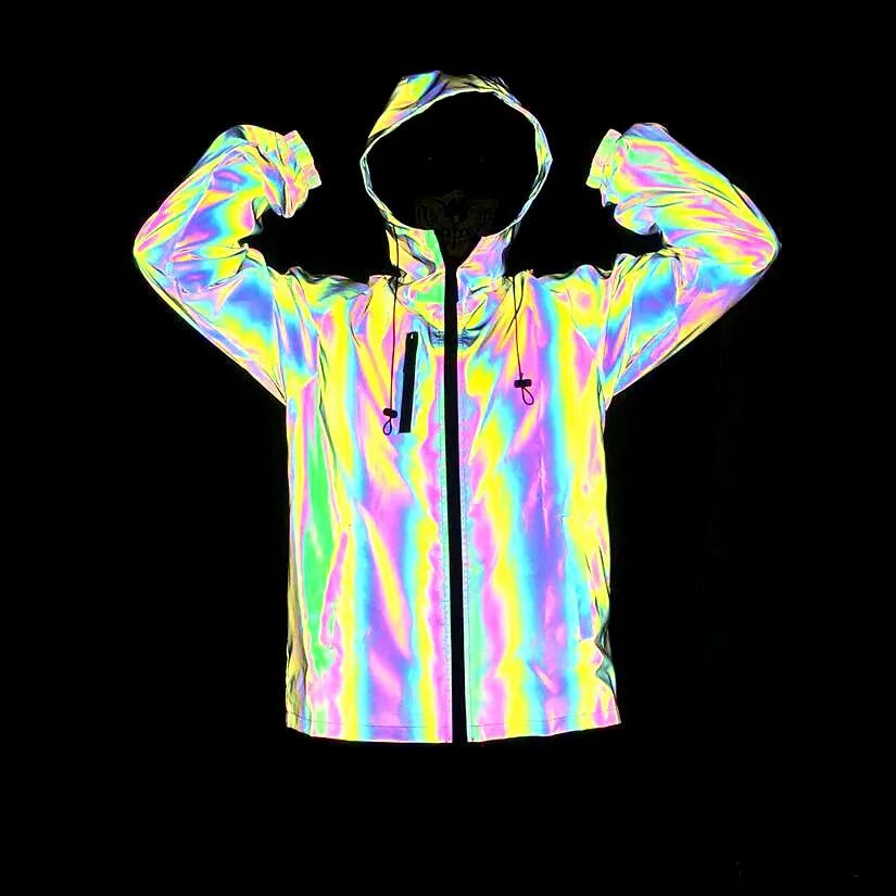Autumn Winter Large Size European American Men's Reflective Safety Jacket New Colorful Laser Hooded Clothing for Cross-Border