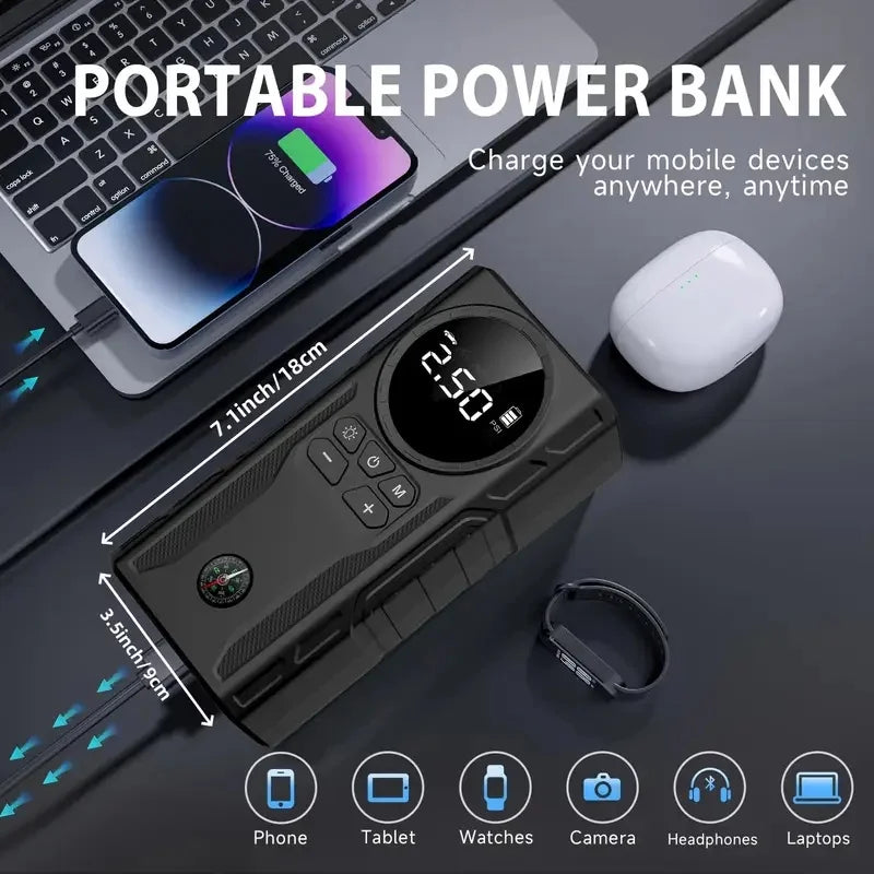 Portable 6 in 1 Jump Starter Car Battery Booster Power Bank Charger Lithium Battery Pack Tire Air Pump Tire Inflator with Light