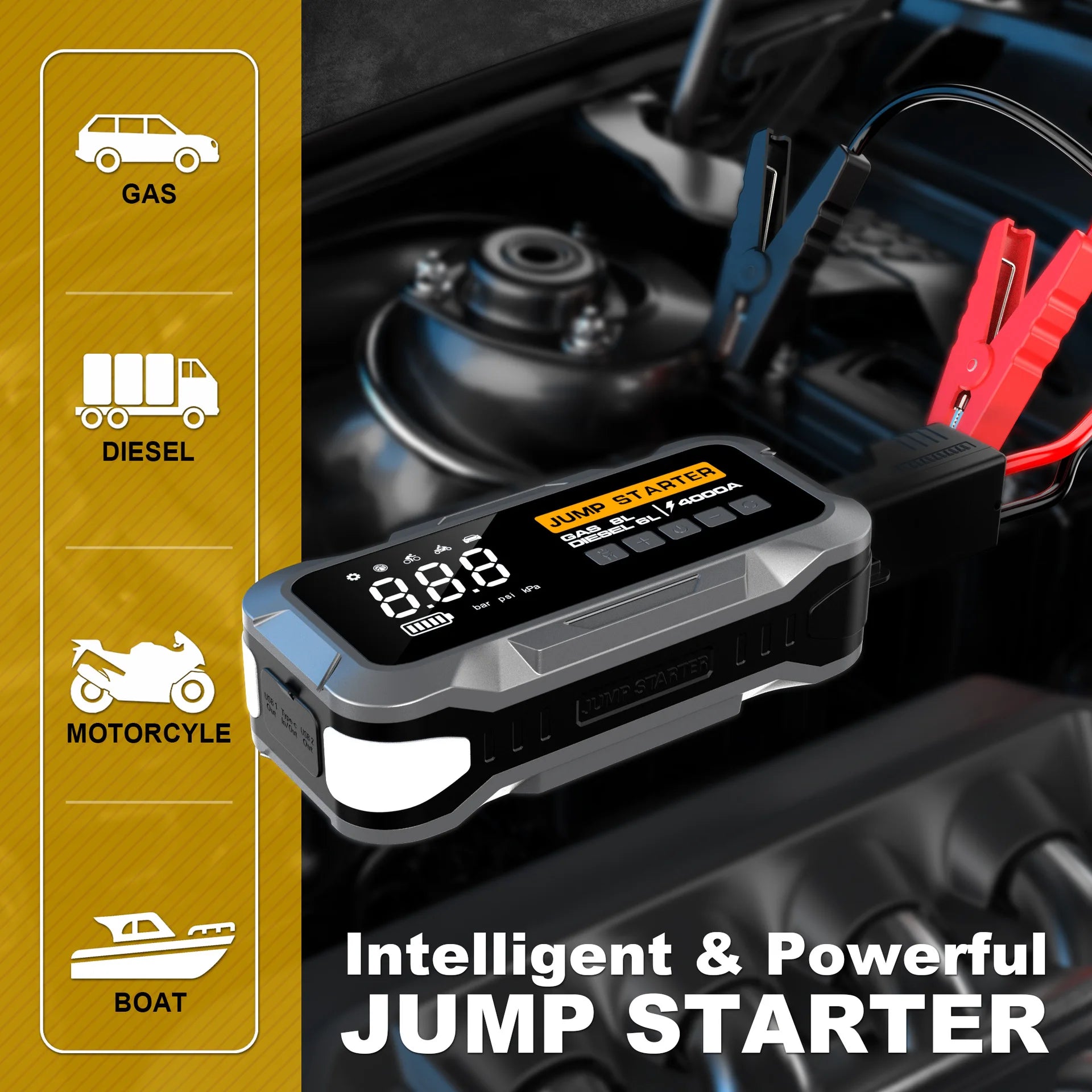 4000A Car Jump Starter with 24000mAh Battery Digital Screen Charger Compressor Air Pump Tire Inflator Emergency Kit for Trucks