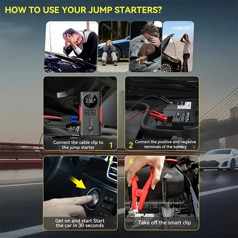 Portable 6 in 1 Jump Starter Car Battery Booster Power Bank Charger Lithium Battery Pack Tire Air Pump Tire Inflator with Light